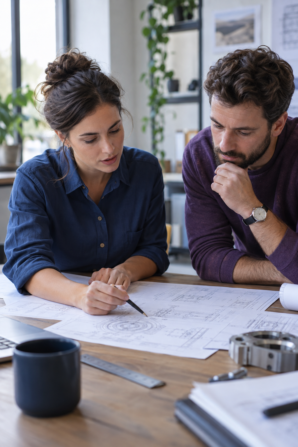 Profesionales colaborando sobre un proyecto de ingeniería