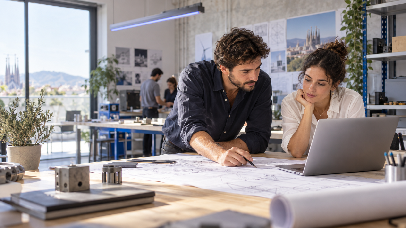 Equipo de ingeniería trabajando en colaboración